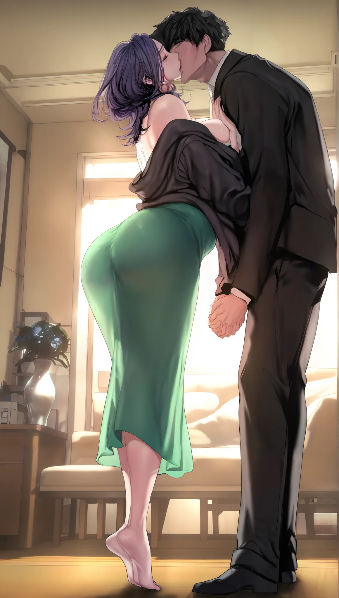 1girl,kim mi-jung,mature female,kiss,1boy,hetero,breasts,long skirt,tiptoes,skirt,black hair,formal,shirt,short hair,green skirt,closed eyes,suit,indoors,indoor,large breasts,the girl didn't wear a coat,bare shoulders,ceiling window,purple hair,white shirt,standing,off shoulder,huge breasts,pants,from_side,huge ass,no face male,girl not wearing a jacket,hug,living room,vase,long sleeves,black jacket,black hair,producer (idolmaster),leaning forward,jacket,masterpiece, best quality,official art,amazing quality,very aesthetic,newest,absurdres,
