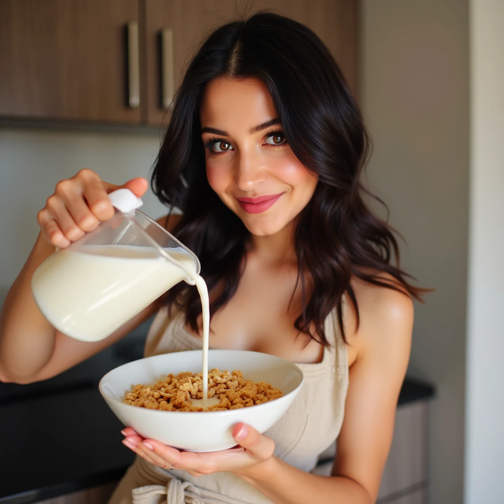 Crie uma imagem de alta qualidade que retrate uma mulher de aproximadamente 30 anos, standing in your kitchen. A mulher deve ter cabelo castanho claro, liso e na altura dos ombros, and be smiling in a friendly way. She is wearing a white linen t-shirt, com um caimento leve e natural, and gray sweatpants, comfortable and casual.

The woman is holding a glass of yellow juice in her right hand, next to the face, como se estivesse prestes a tomar um gole. The cup is of transparent glass, permitindo que a cor vibrante do suco se destaque.

The kitchen around her is modern and well lit., with white cabinets, light gray marble countertops and stainless steel appliances. The scene should be lit by natural light that enters through the large windows on the left of the image, criando um ambiente acolhedor e convidativo. Na bancada, There may be some kitchen utensils and a bowl of fresh fruit to add a touch of realism.

Detalhes adicionais:

A woman&#39;s facial expression should convey happiness and tranquility.
The texture of the linen t-shirt and sweatpants should be visible to highlight the quality of the materials.
A luz natural deve criar sombras suaves e destacar os detalhes da cozinha e da figura da mulher.