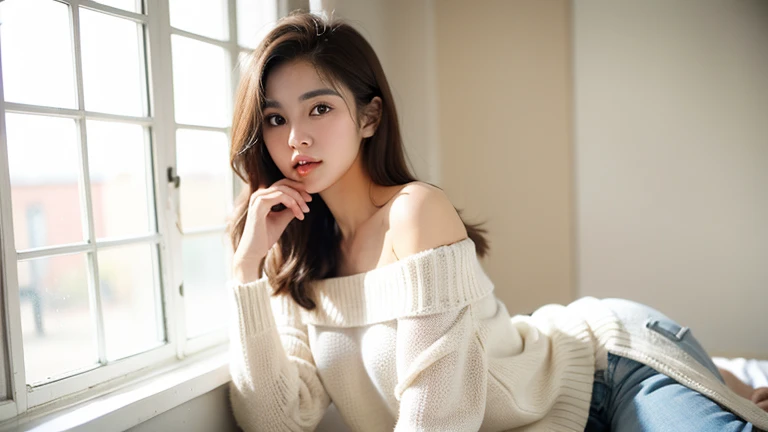 (Women with long hair)、(off-the-shoulder sweater、Oversized sweater)、(Hidden Shorts)、(cross-legs sitting、Hands lying on thighs)、on the beds、Medium chest、Deep Valley、top-quality、masterpiece、illustratio、extremely delicate and beautiful、highlydetailed skin、nffsw、Unity、8k wallpaper、astonishing、finely detail、Highly detailed ticker Unity 8K wallpapers、huge filesize、hight resolution、Handsome detailed woman、extremely detailed eye and face、 Stunning detailed eyes、Facial light、(The best illustrations:1.1)、(Best Shadows:1.1)、超A high resolution、(Photorealsitic:1.1)、(Photorealistic 1.2:1.1)、Realistic facial proportions、Slimed、A smile、(fluffy black eyes:1.21)、Black eyes、Look at viewers、dark brown hair、耳环、a necklace、hair pin、FULL BODYSHOT、(Dark night background: 1.2)、(bokeh dof:1.4)、