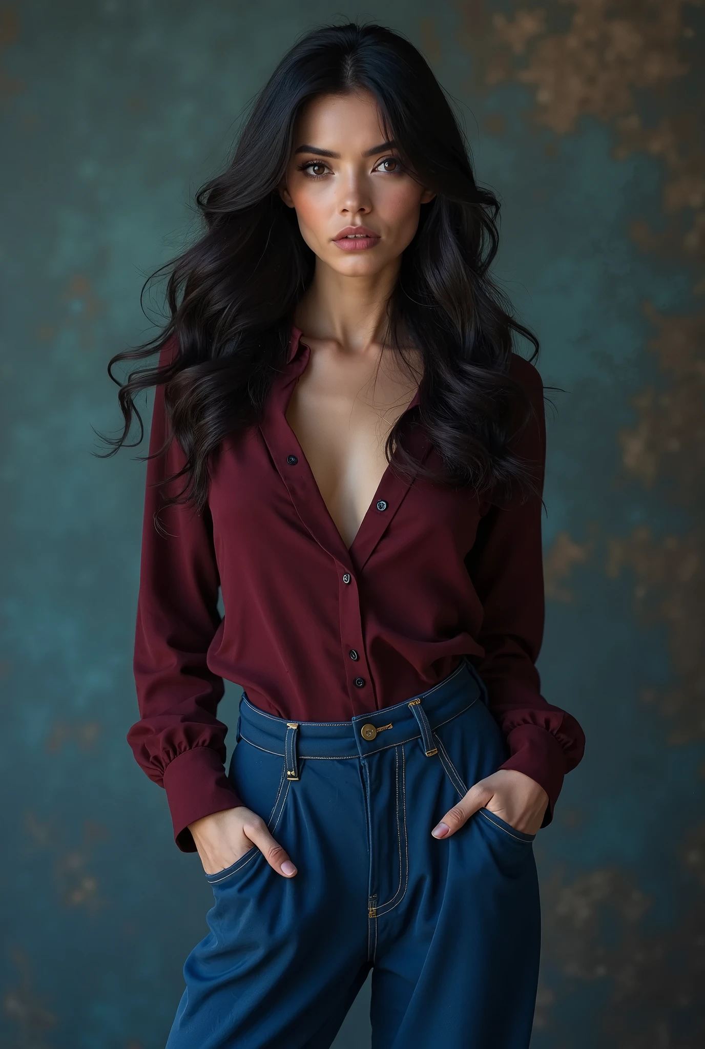 Beautiful young woman with fat body, long flowing black straight hair, wearing a long red shirt, jeans, big breasts