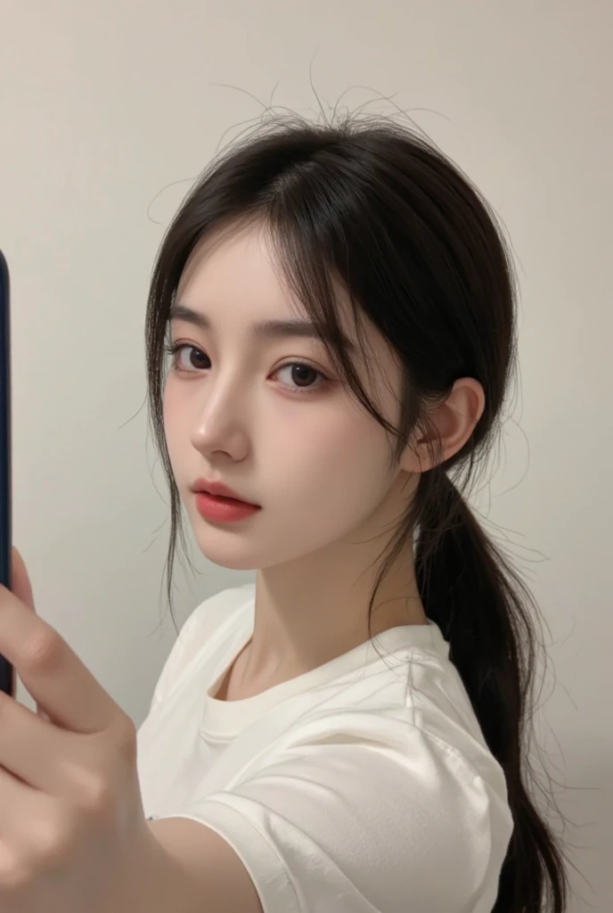 8k, highest quality, masterpiece, Ultra-high resolution, (Realistic: 1.4), Raw photo, Realistic skin texture, (Film Grain: 1.3), One girl, Beautiful and detailed eyes and face, masterpiece, highest quality, Japanese Idols, Fair skin, Natural blur background, close, Selfie, big, Front view, Ponytail hairstyle, Sticking out tongue, office lady, Side angle