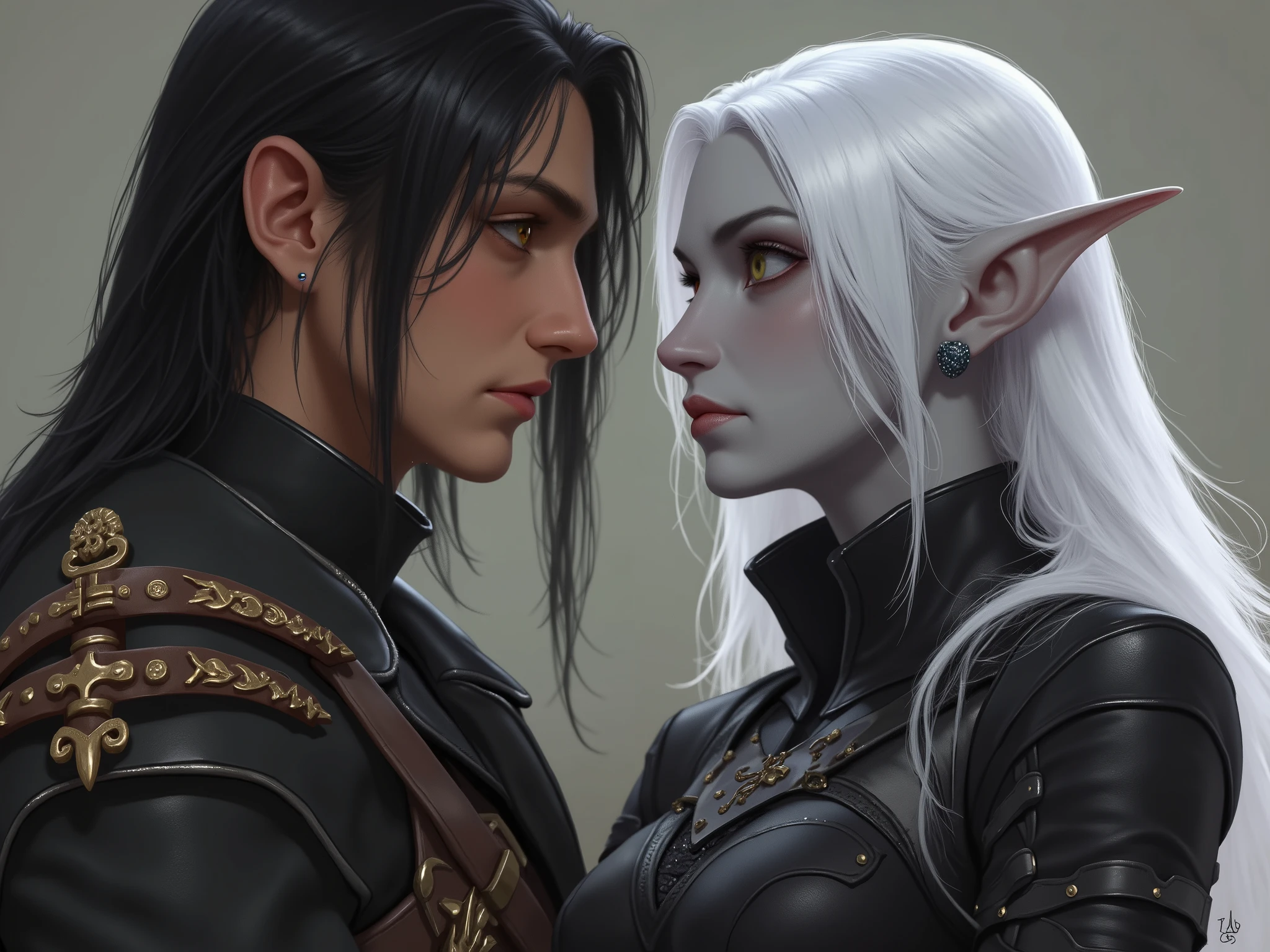 Vivid ruan-jia [handpainted:photograph:0.5] close-up by  Ruan Jia and  (Norman Rockwell:0.5) and (John Singer Sargent:0.5) of  fight between (fit handsome  older elf man with warrior god) with (beautiful elegant femme fatale evil elf warrior in leather flowing dress  crouching), sinister,  D&D, dnd, action, dramatic, dramatic cinematic lighting, evil, snarl, looking at viewer, fully clothed, ornate leather armor, aesthetic, menacing, fantasy, chaotic, bokeh, intricately detailed, Symmetry,  snowy, wet, Winter sunset overlooking mountains, Hyper-Realistic, Ultra Resolution, desolate, darkwave, southern gothic, gothic, witchcore, atmospheric, beautiful hands, HQ,  8K, Fable III, Christmas, shot on Canon 5D, masterpiece [oil painting:hyperrealism:0.5] in the style of  (Mike Mignola:0.5)