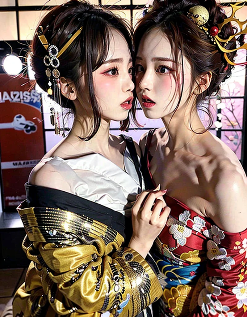 bedroom，big bed，There are paintings on the walls，curtain，Standing,2 girls,((face to face)),Kiss each other,((Their chests were squeezed together and deformed)),bun,Shy smile,((The hemp rope is wrapped around the neck and tightened)),Short cheongsam，((huge boobs:1.4)),arms were tied behind the back with hemp rope，Cross hands behind back，Wrists tied together with hemp rope，Thin waist，