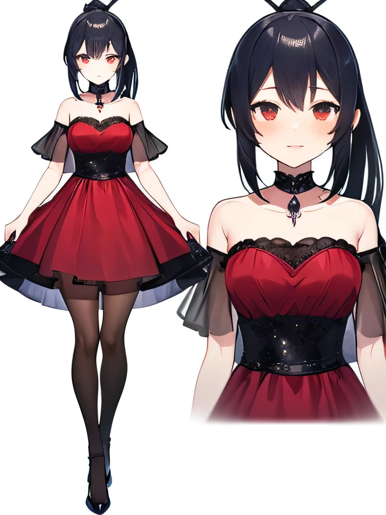 buat model live2d vtuber, fullbody, long hair, black hair, sexy short dress, red dress, ponytail hair with ribbon,black stocking,  red eyes, detailed,high quality, white background.