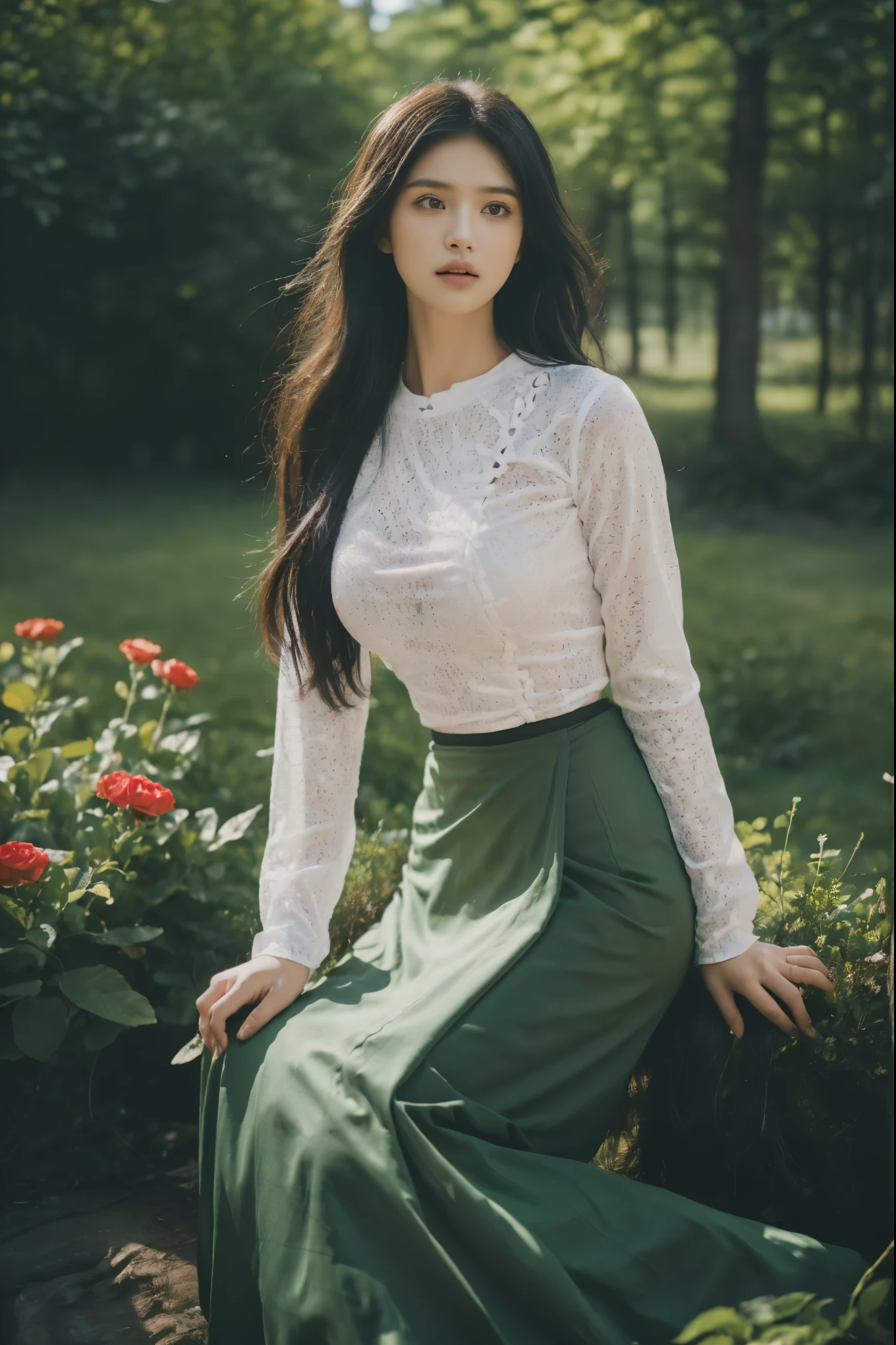 ((Best Quality, 8k, Masterpiece:1.3))), Crisp Focus: 1.2, (Beautiful Woman with Perfect Figure: 1.4) , multiple girls))),((((6girls))))、((6 girls))、The same face、matching uniform、(acmm ls outfit, dark orange acmm top, wearing acmm long skirt, brown acmm long skirt, printed skirt,)、Long black hair、((((Gigantic Breasts)))Raw photo、same person、Doppelganger、(group portraits), standing,ass focus ,front view,In the floral plants forest background ,film effect 、best position,best composition, perspective view, ultra wide view,(best quality,4K,8K,highres,masterpiece:1.2),ultra-detailed,(realistic,photorealistic,photo-realistic:1.37),HDR,studio lighting,sharp focus,