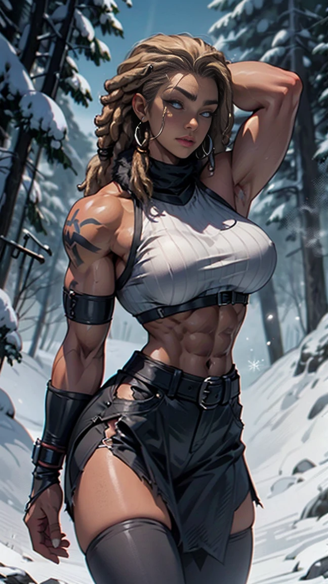 (Whole body:1.3) masterpiece, best quality, 1girl, korra, stmbright pale blue eyes, deep chestnut skin tone, toned arms , (strong shoulders) , light abs, (toned thighs), thighs showing, midriff showing, smile,standing, arms behind head pose, snow field, surrounded by mystical fire ring,
