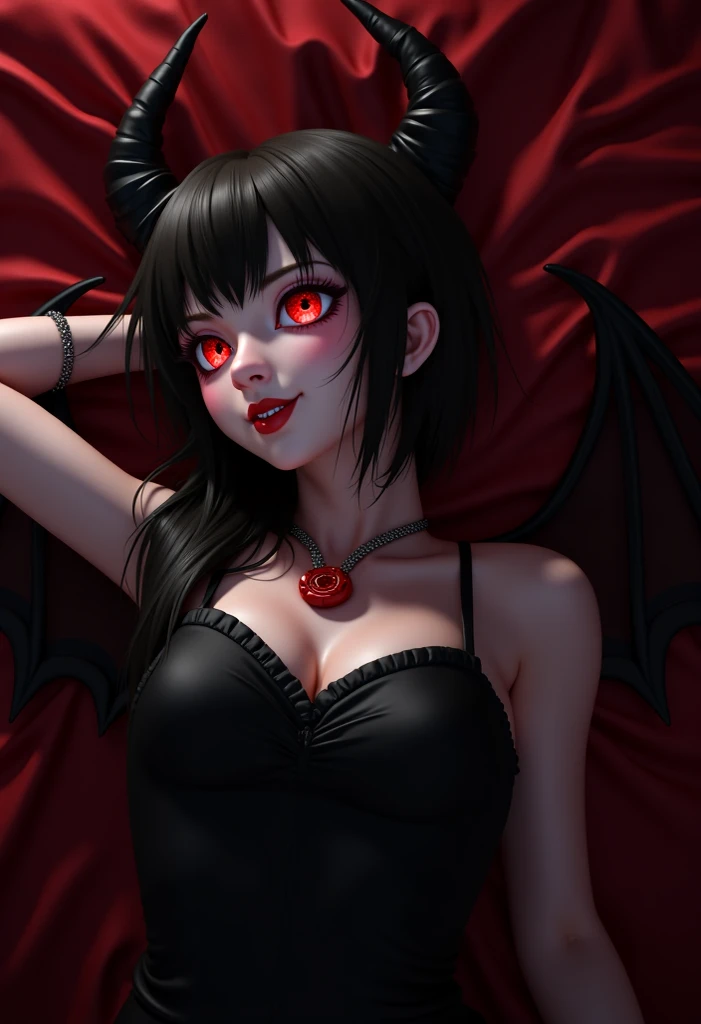 A cute woman is a succubus, (she has leathery black wings, deep red lipstick, vampire fangs, deep dark eyes, razor fingernails painted red) seductive evil pose in the bedroom