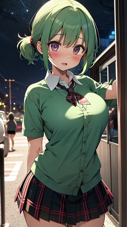 Best Quality, hight resolution, absurderes, Ultra-detailed, Suzuya_(kancolle), 1girl in, long_hair, Skirt, Solo, Shirt, Rain, Wet_Clothes, hair_ornament detached, Wet, breasts, Underwear, pleats_Skirt, See-through, bowtie, Red_Bow、bbw、thick thight、big butts、Ultramammy
