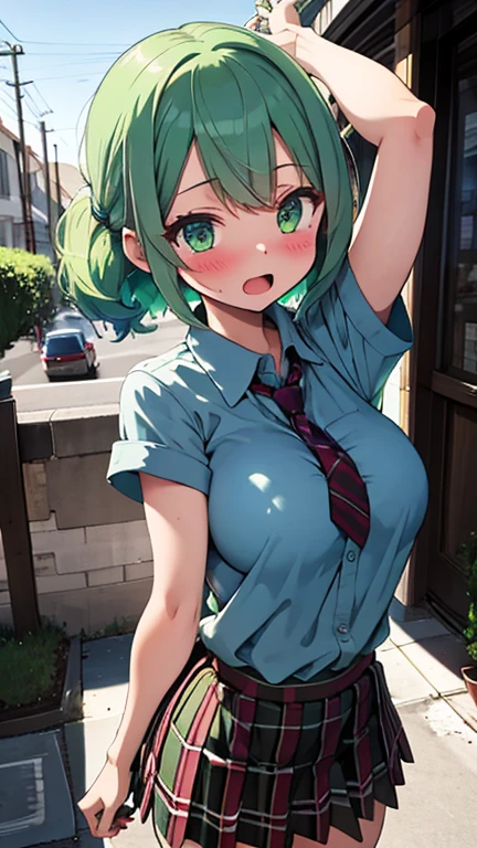(masterpiece, best quality:1.2), cowboy shot, solo, 1girl, tatsumaki, lustful, closed mouth, smiling, blushing., looking at the viewer,big ass, wide hips, short shirt, thong,squats, spread legs, grab buttocks, blue sky, alley, low lens looking up at her.erotica