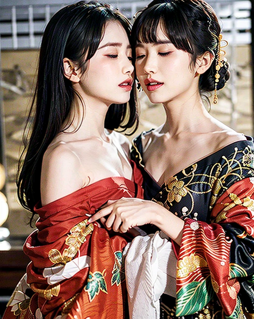 (masutepiece, Best Quality:1.3), (thick linework), (faux traditional media), hight resolution, Official art, Photorealistic, (8K resolution), (花魁), 1girl in, 18year old,Japanese、Extremely cute,Extremely beautiful, Solo,Bite、(Kimono, Obi)From above, Stylish,Perfect Detail, Convoluted, Fantastic, fairytale, Fantasy Art, (extra detailed face), Lying on a bed of flowers, on back, (Lovely eyes, Looking at Viewer, lip stick), depth of fields, silhuette, Perfect, makeup, lovely, (Details:1.2), camellia, various colors, Vivid, Colorful, shiny, skyporn, Stars, lumen global illumination, (background in the style of Hokusai Katsushika:1.3), Water, ripples