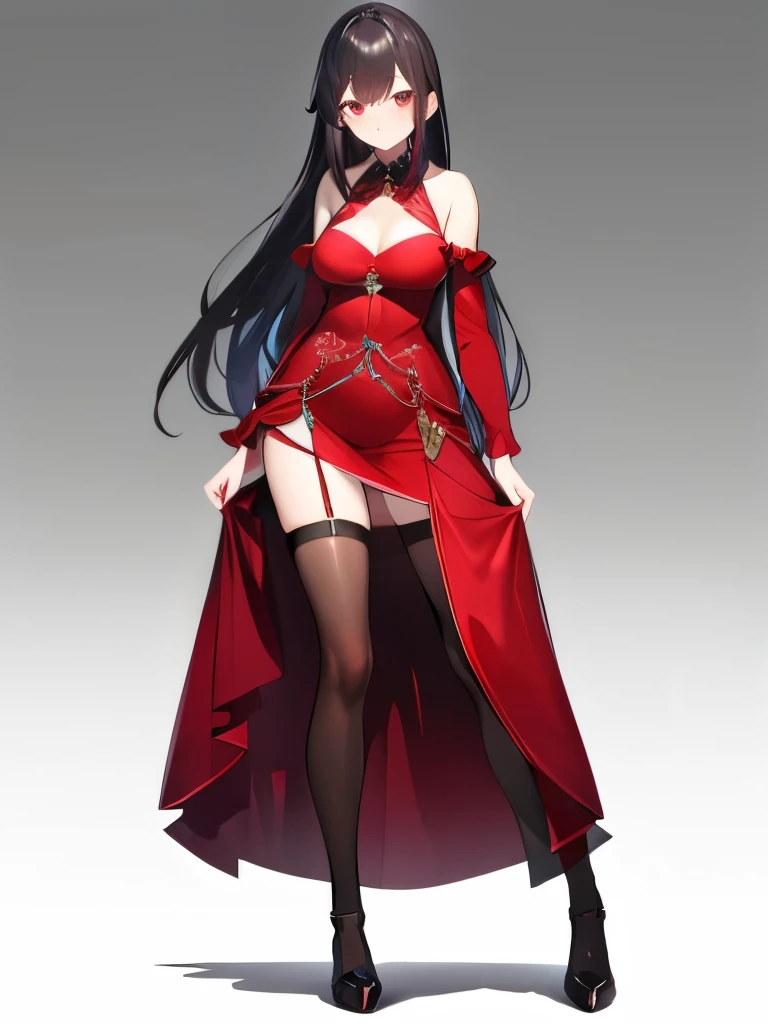 buat model live2d vtuber, fullbody, long hair, black hair, sexy short dress, red dress, hairstyle with ribbon,black stocking, red eyes, detailed,high quality, white background.