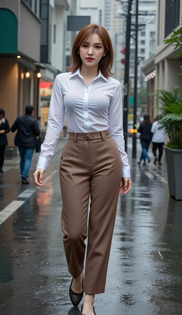 1 woman in her 40s crossing the street, shoulder length curly brown hair, tight business style white blouse, skirt, perfect face. large breast. she has a confident radiant smile