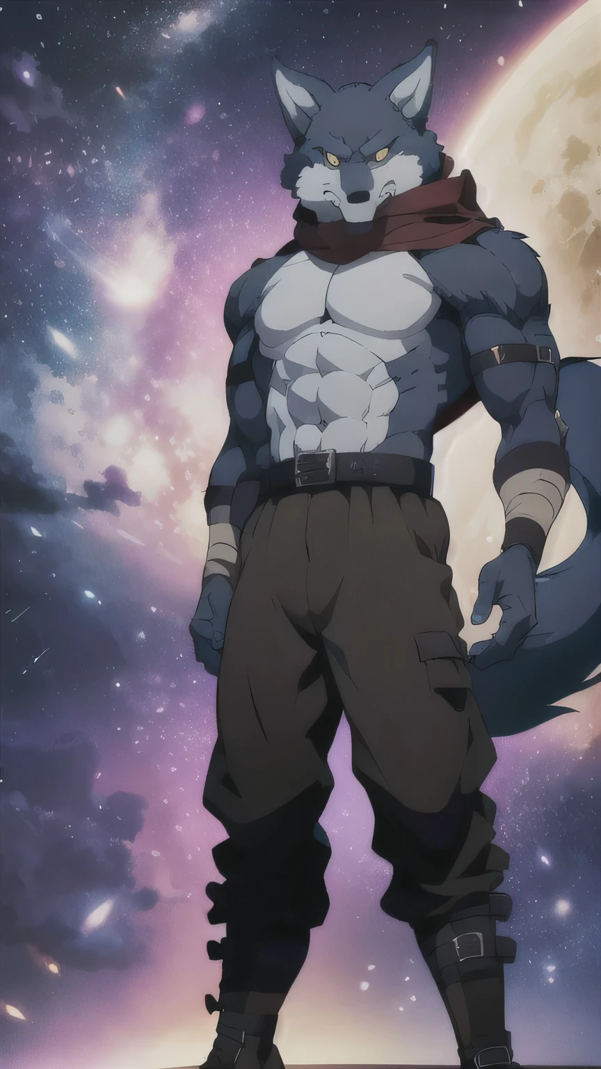 Bergamo _.DB, posing for the camera , presume. 4k, High resolution, the best quality , Posted on E621, only, anthropogenic body , male , , male , (Correcting the muscles , detailed muscles , very muscular, broad chest, pectorals, biceped:1.1), correct anatomy , correct proportions, Anatomy of the violinist Taran,, (Space clouds, galaxy, stars:1.0), (by WFA, por taran fiddler:1.0), (by black:0.8), (shaded cell:1.2), Cartoon shading, trusted, strong, (Long Wolf Tail:1.0), (pantalones, belt:1.1), ( medium black:1.2), (Detailed Bergamo _Eyes of .DB:1.1), pose strong, looking at the camera , scarf, pose strong, bare chest intense colors