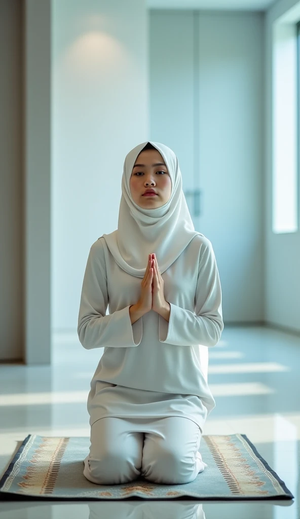 Create a realistic picture of a beautiful woman, clean white skin, sharp nose, Indonesian face, wearing a neat long white hijab, white Islamic Muslim clothing, wearing white sneakers. facing forward. hands cupped in front of chest. background of a cupboard full of books.