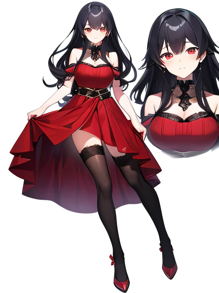 buat model live2d vtuber, fullbody, long hair, black hair, sexy short&cool dress, red dress,  nice hairstyle with ribbon,black stocking,  red eyes, detailed,high quality, white background.