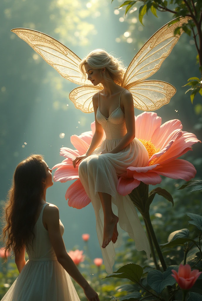 (photorealism:1.2), ((Sexy beautiful girl, cute, Russian beauty, 2, a thin fit body blonde)), ((Highest quality)), blowing a kiss to a little fairy floating in a tree,