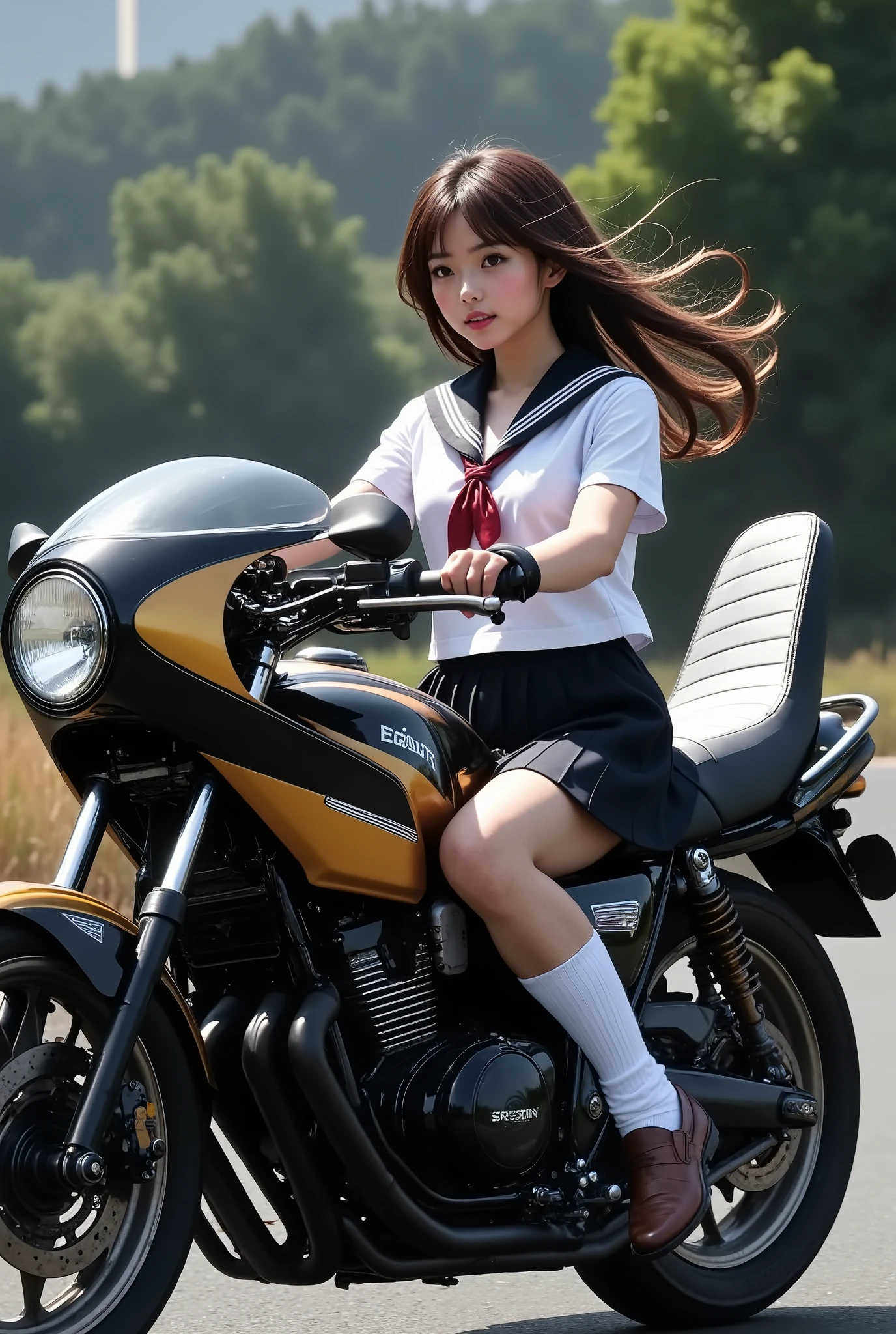 DOCUMENTARY PHOTOS, realistic, dramatic scene, very beautiful Japanese high school girl , cute woman but Bad boy, beautiful white clear skin , ( 非常に短い黒いスカートの sailor suit ), red ribbon , Sera Clothing, sailor suit , white shirt, Wearing loafers, punk rock styled mature Bad boy, brown short curly hair , red lips, Bad boy, ( they are suffering ), slim waist, she's riding alone on a motorcycle ,((She's riding with her legs open )),(( style that blushes the area around the cheeks, I can see white underwear))