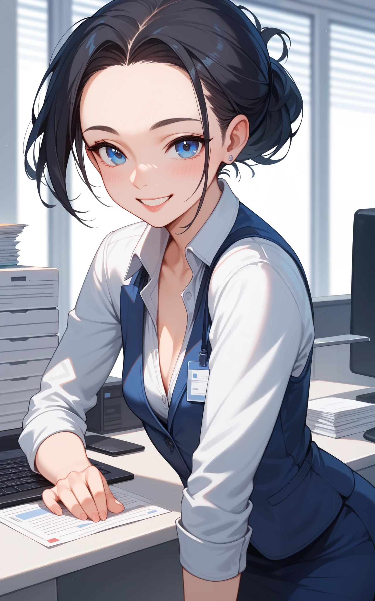 ((masterpiece)),
((best quality)), 
((high quality)), 
((ultra high res)), 
((female)), 
((smile)), ((office worker)), fully slicked-back Black hair, Blue eye, small breasts