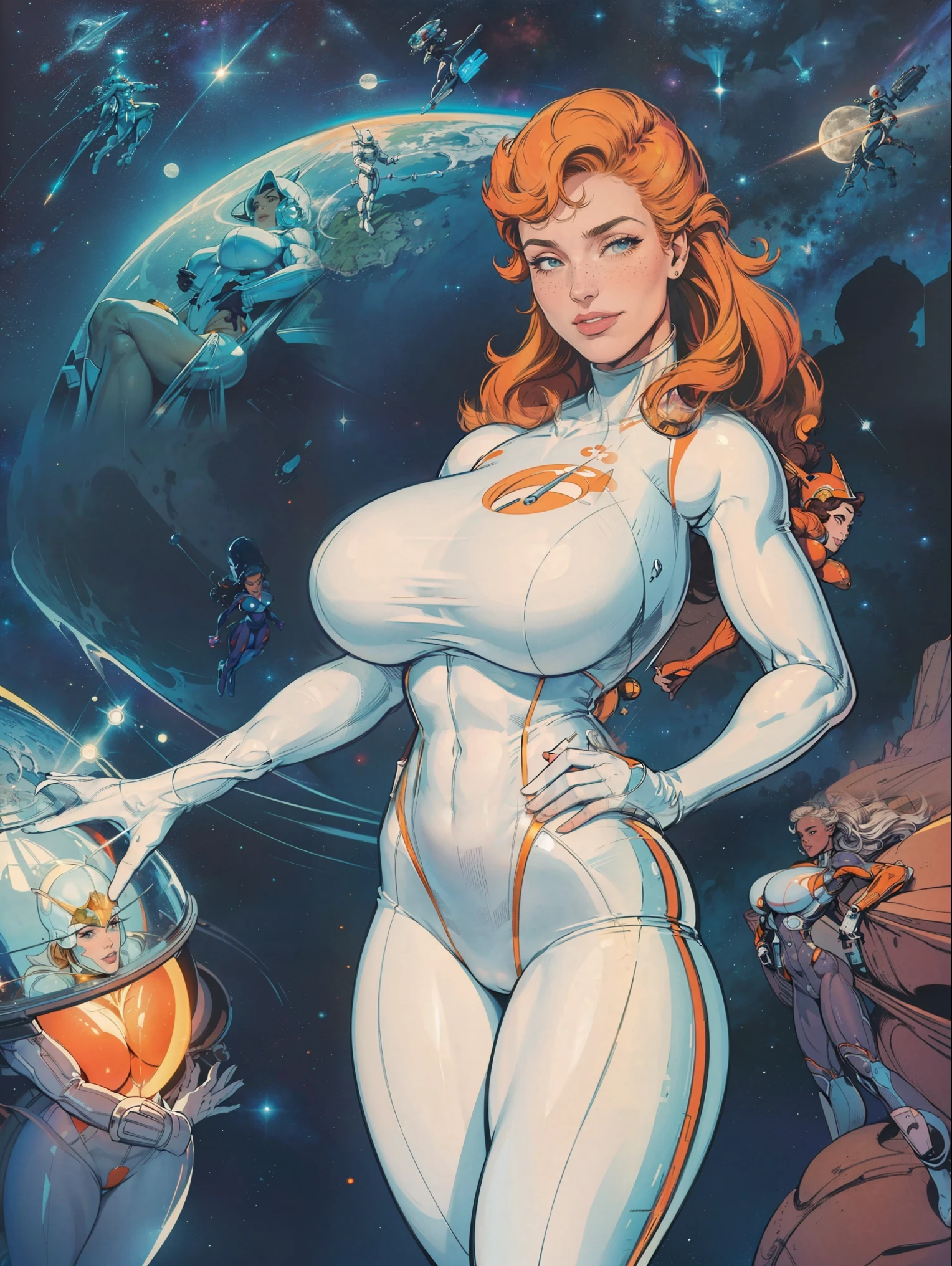 ((masterpiece, Highest quality)), 32K Wallpapers, Very detailed, posters, Vintage science fiction, 1960s,(((space thriller cinematic movie posters))), (Bauhaus), shape,Abstract, Midcentury Modern, movie posters, Vintage, A woman fused with a robot,アニメ,1970s,Halftone,Speech bubble,Milky Way,(superhero),((portfolio,close)),Cyborg of the Future,Combination of machine and woman,Space,Cyborg Lady,Big Breasts,Erect nipples,
