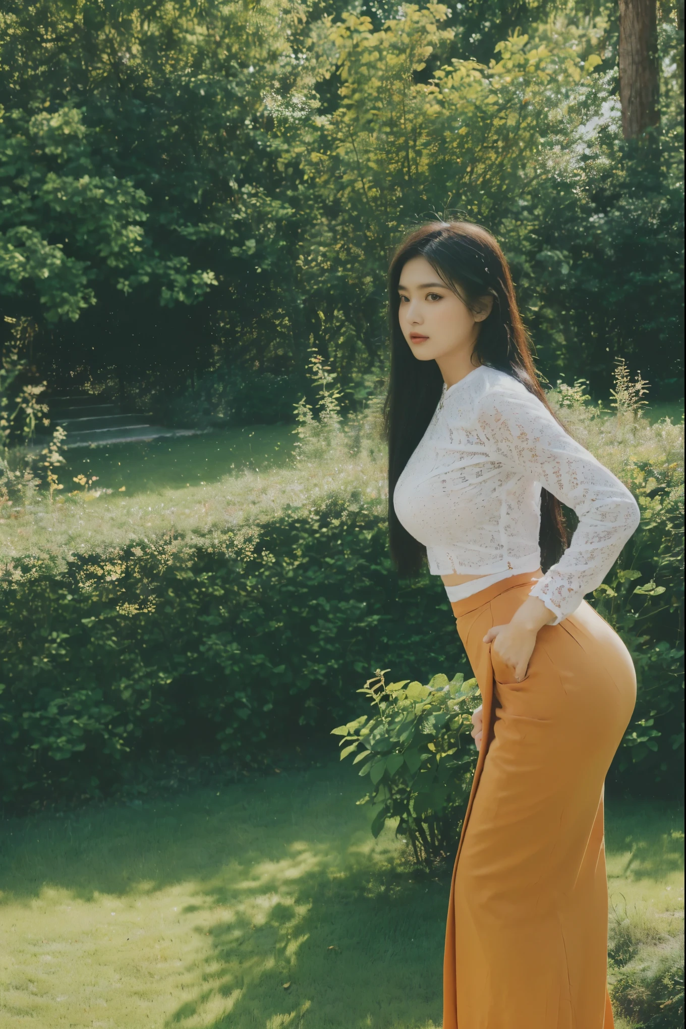 ((Best Quality, 8k, Masterpiece:1.3))), Crisp Focus: 1.2, (Beautiful Woman with Perfect Figure: 1.4) , multiple girls))),((((6girls))))、((6 girls))、The same face、matching uniform、(acmm ls outfit, dark orange acmm top, wearing acmm long skirt, brown acmm long skirt, printed skirt,)、Long black hair、((((Gigantic Breasts)))Raw photo、same person、Doppelganger、(group portraits), standing,ass focus ,front view,In the floral plants forest background ,film effect 、best position,best composition, perspective view, ultra wide view,(best quality,4K,8K,highres,masterpiece:1.2),ultra-detailed,(realistic,photorealistic,photo-realistic:1.37),HDR,studio lighting,sharp focus,