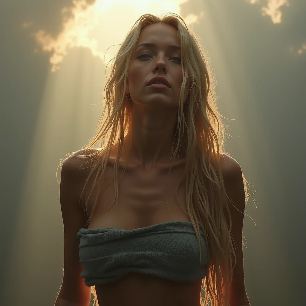 (masterpiece.UHD.photorealistic) an ultra hot gorgeous swedish woman.age 23.   Voluptuous hourglass body. Gorgeous face.epic cleavage. (100 DD SIZE) flying naked high above the ground tribal tattoos and shredded  outfit.