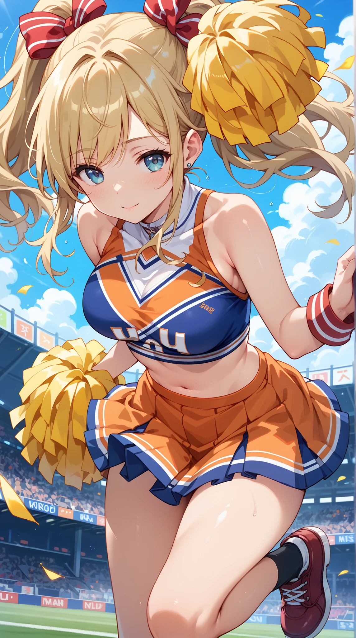 Blonde、Blue Eyes、girl、Small breasts、Twin tails、、girl、Small breasts、Lolita、Bright smile、Looks about 15 years old、Petan Musume、short、目のhighlight、Sexy thighs、Cheerleader、Please show me your armpits、Your eyes are so beautiful、highlight