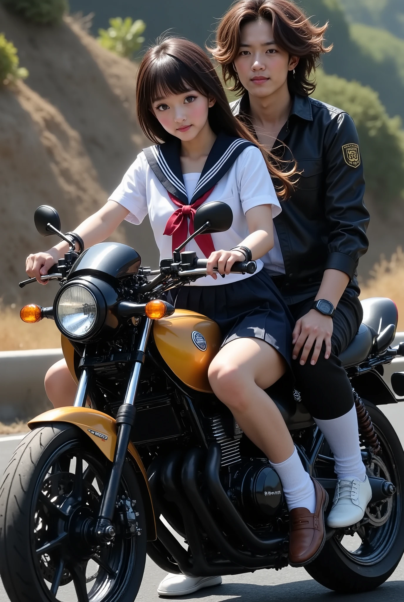 DOCUMENTARY PHOTOS, realistic, dramatic scene, very beautiful Japanese high school girl , cute woman but Bad boy, beautiful white clear skin , ( 非常に短い黒いスカートの sailor suit ), red ribbon , Sera Clothing, sailor suit , white shirt, Wearing loafers, punk rock styled mature Bad boy, brown short curly hair , red lips, Bad boy, ( they are suffering ), slim waist, she's riding alone on a motorcycle ,((She's riding with her legs open )),(( style that blushes the area around the cheeks, I can see white underwear))