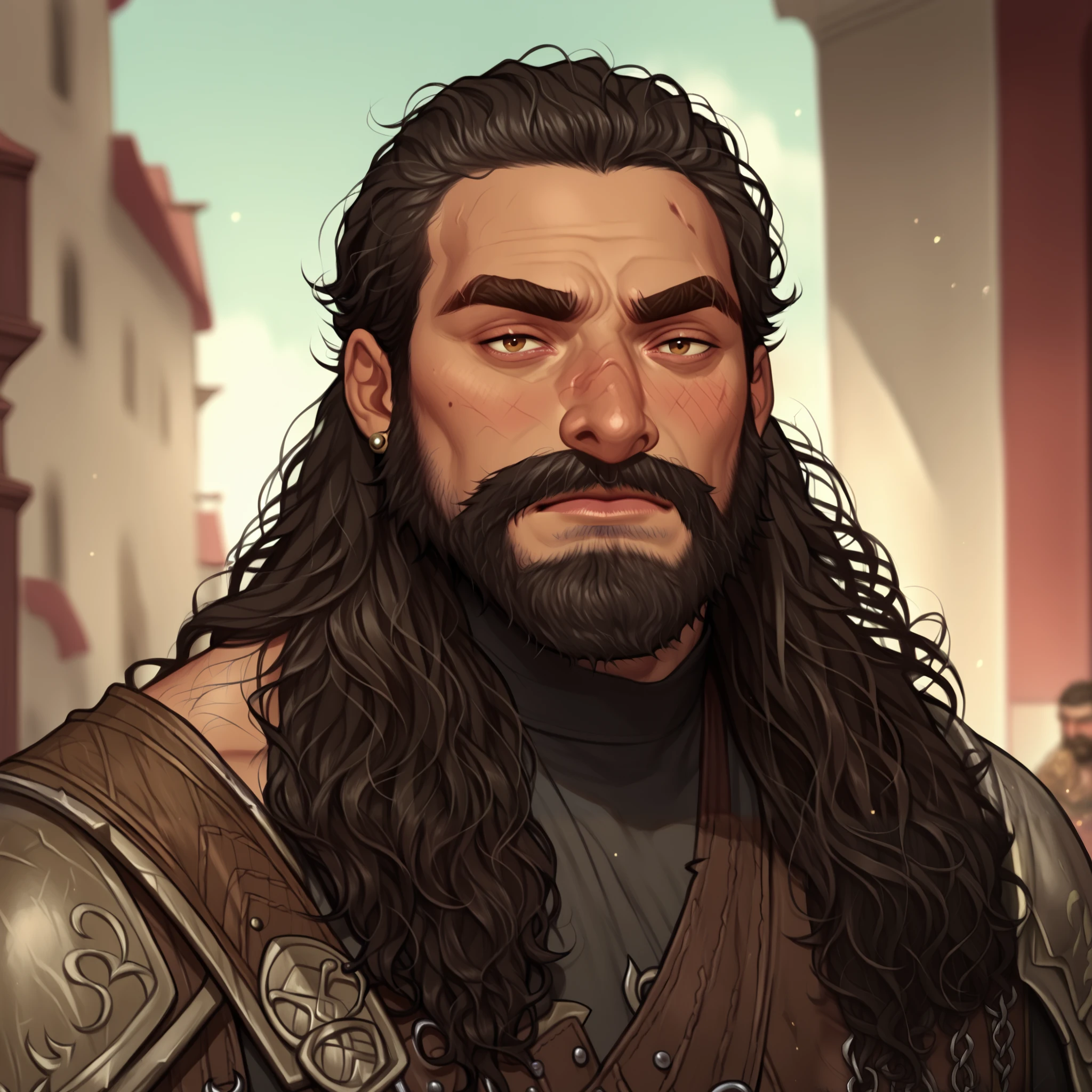 (((beautiful, high quality, comics style, detailed face))), score_9, score_8_up, score_7_up, BREAK, giant, a male barbarian:1.3, high stature, big nose, dark curly hair, messy voluminous hair, (((long beard))), (((muscular))), ((wide shoulder)), (((mature man:1.1))), tanned skin, ((bushy eyebrows)), hairy body, solo, portrait, upper body, portrait, facing viewer, evil expression, piercing gaze, barbarian clothes, fantasy outside, blurred background, DeepNegative_xl_v1, detailxl, zPDXL3