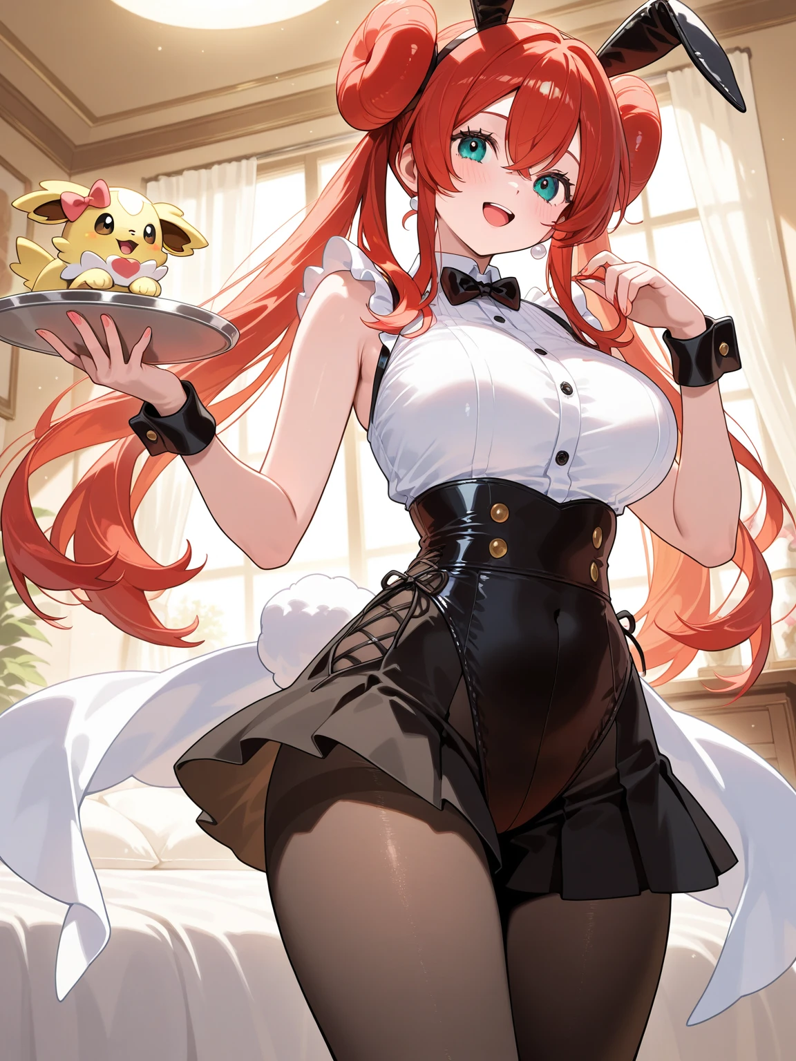 masterpiece, lots of detail, 4k, 8k, ((ultra-detailed)), highres, depth field, soft lighting, milf, solo, female focus, translucent bunnysuit, playboy bunny, leotard, rabbit ears, looking at viewer, green eyes, see-through, bangs, large breasts, cleavage, strapless, bare shoulders, very long hair, red hair, twintails, ribbon, blush, indoors at night, wooden panels, Victorian style room, tray, leather chair, bordello, warm, alcohol, beer, seductive smile, standing, kneehighs, navel, side tie, rabbit tail, detailed hands