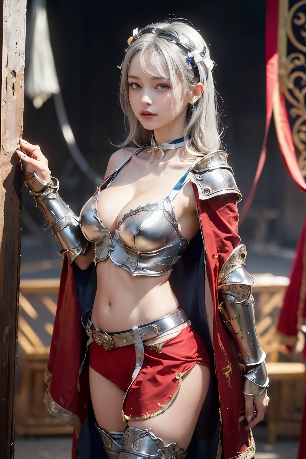 8K、赤いFlame-themed chest armor,A bewitching succubus in gorgeous red armor.,so beautiful(Like the real thing)、A long skirt with a luxurious red flame motif.,An Al-Afed woman poses for a photo with a sword and armour、Beautiful wavy silver hair、Big and ample breasts、Flame-themed chest armor(red and silver)2。5d cgi anime Fantasy artwork、Fan Art Mayor Art Station、デジタルFantasy art)、Big blow Loss Draw、Woman in armor、壮大なFantasy artスタイル、Beautiful Succubus、Charm、Beautiful fangs、Looking at the audience、Captivating Gaze、Laughter、masterpiece,masterpiece,Photorealistic RAW photos of the highest quality。Bright colors,Rich colors, Backlight, Cinema Lighting, Film Grain, to be born, 50mm lens, Nikon D850,Realistic Skin,Fantasy art,Character Art,Ultra-high resolution,Realistic scale skins,Goddess of Evil,