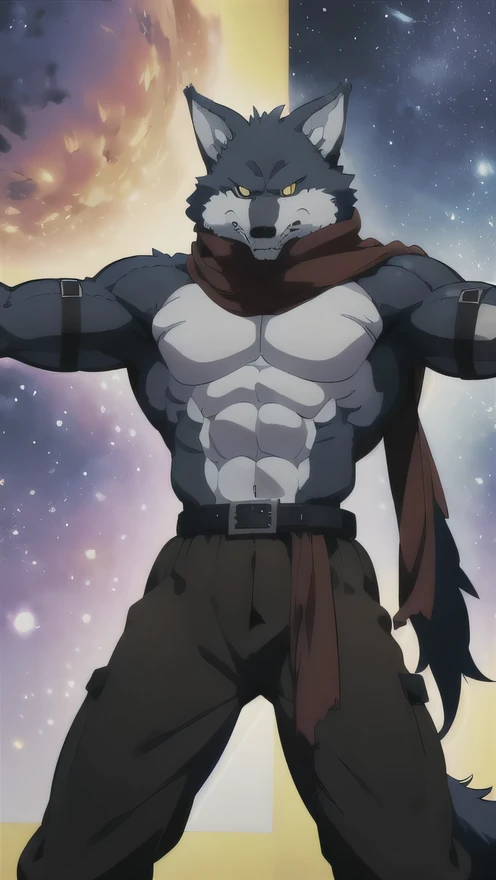 Bergamo _.DB, posing for the camera , presume. 4k, High resolution, the best quality , Posted on E621, only, anthropogenic body , male , , male , (Correcting the muscles , detailed muscles , very muscular, broad chest, pectorals, biceped:1.1), correct anatomy , correct proportions, Anatomy of the Taran ,, (Space clouds, galaxy, stars:1.0), (by WFA, por taran fiddler:1.0), (by black:0.8), (shaded cell:1.2), Cartoon shading, trusted, strong, (Long Wolf Tail:1.0), (pantalones, belt:1.1), ( medium black:1.2), (Detailed Bergamo _Eyes of .DB:1.1), pose strong, looking at the camera , scarf, pose strong, bare chest intense colors, yellow eyes , fluffy wolf tail