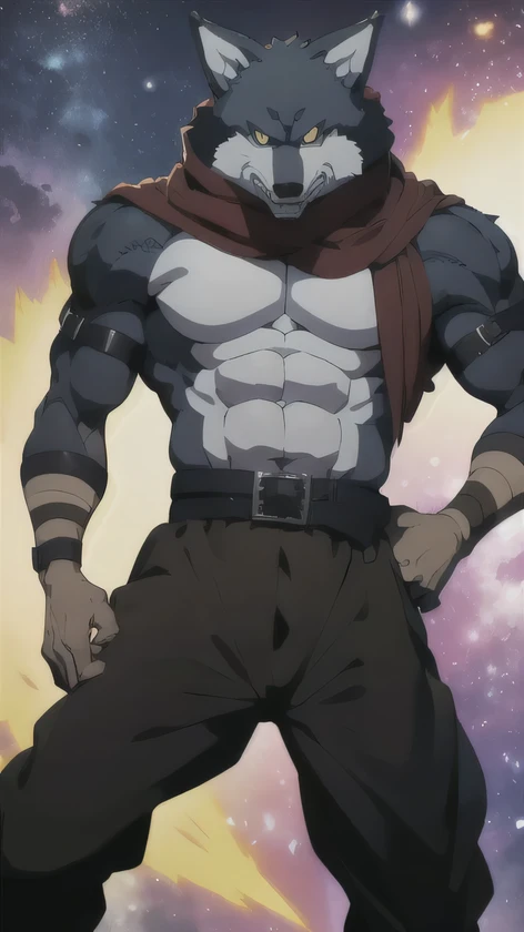 Bergamo _.DB, posing for the camera , presume. 4k, High resolution, the best quality , Posted on E621, only, anthropogenic body , male , , male , (Correcting the muscles , detailed muscles , very muscular, broad chest, pectorals, biceped:1.1), correct anatomy , correct proportions, Anatomy of the Taran ,, (Space clouds, galaxy, stars:1.0), (by WFA, por taran fiddler:1.0), (by black:0.8), (shaded cell:1.2), Cartoon shading, trusted, strong, (Long Wolf Tail:1.0), (pantalones, belt:1.1), ( medium black:1.2), (Detailed Bergamo _Eyes of .DB:1.1), pose strong, looking at the camera , scarf, pose strong, bare chest intense colors, yellow eyes , fluffy wolf tail