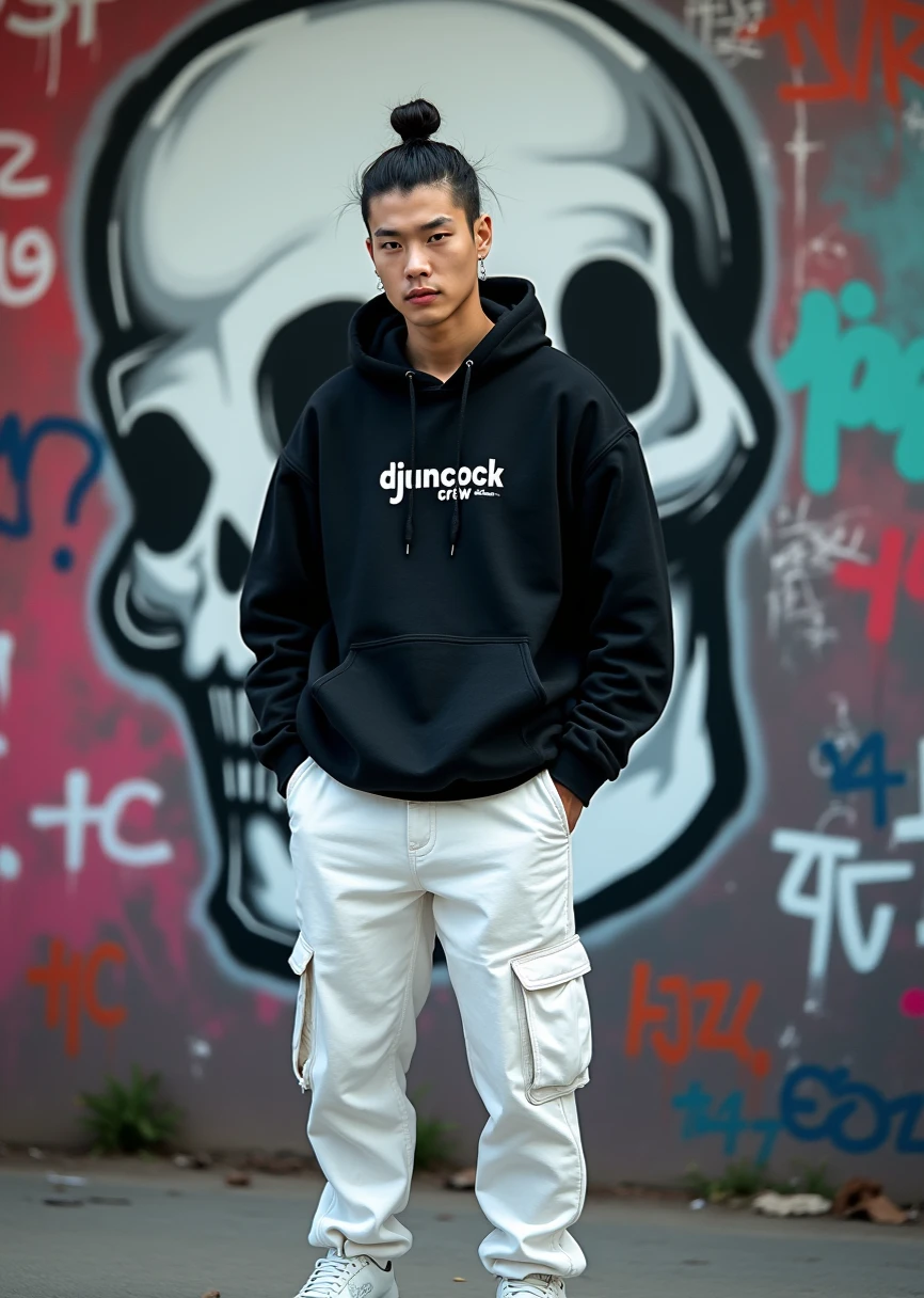 A boy standing in the road, buildings and houses at the bacground, Melamchi written in the bill board, gangster looks, XACE THE OG written in the hoodie, braid hairs with ash colours, white skin colour tone, wearing y2k jorts and sunglasses, leg full of tattoo, smoking, supra mk5 behind him,