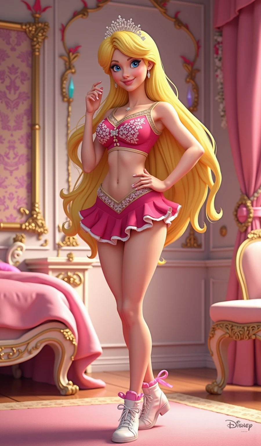 princess peach,velvet gold lingerie,view crotch,in disco,realistic details in the velvet gold lingerie, freckles on the face and skin,realistic details in the skin,thigh high boots,details of wear and dirt on skin and clothing, realistic particles,