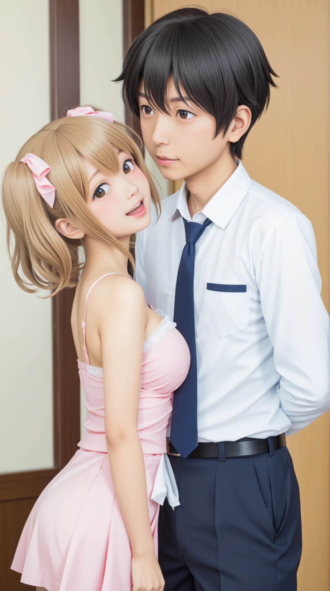 (8k, RAW photo, best quality, masterpiece:1.2), (realistic, (photorealistic:1.4)), best quality, ultra high res, nfsw back lights, light leaks, from front, (stand:1.2) 1boy, 1girl, sex, (doggystyle:1.4), (grabbing from behind:1.4), breast grab, medium breast slim, twin ponytails, (pureerosface_v1:1) kpop idol, (nipples:0), (bow-tie:1.2), (white pantyhose:1), naval (beautiful detailed eyes:1),(beautiful detailed face:1), (bottomless:1.2), (nude:1.2), (topless:0), (freebuffing:1.2), classroom