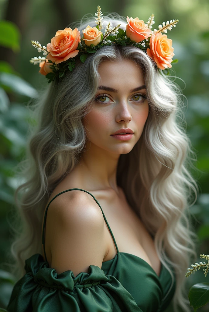 pointy_ears, smile, very_long_hair, white_dress, white_hair, dress, flower, green_eyes, hair_flower, hair_ornament, jewelry, ahoge, bare_shoulders, braid, breasts, cleavage, dress, elf, green_eyes, hair_between_eyes, hair_ornament, leaf, long_hair, plant, smile, solo, sparkle, bracelet, collarbone, hair_ornament, jewelry, looking_at_viewer, nature, puffy_sleeves