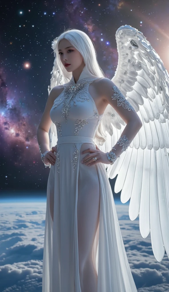 (Best Quality), (ultra-detailliert), (masuter piece), (hight resolution), (Original), (the Extremely Detailed CG Unity 8K Wallpapers), 16K resolution, 4k resolution, depth of field, bokeh, HDR, 1 girl, 18 years young, archangel, Snow_Angel, huge white angel wings, detailed angel wings, angel wings are fully stretched out, outstretched wings, blue eyes, white blond hair, long hair, beautiful face, detailed eyes, luscious lips, white satin dress, skintight dress, footlong dress, off the shoulder dress, sleeveless dress, wearing silver necklace, beautiful silver braclets, white silver crown, knik hips, slim body, wears gold hip belt with gold buckle, hip belt is adjusted too tightly, hip belt cuts into waist, hands on hips, Full Body Shot, on a deep dark night, on top of a snowy mountain, snowy mountains in background, deep valleys and high mountains in background, soft moon light, moonlight illuminates her, she emits silver light, bright silver light floats around her, she has angelic aura