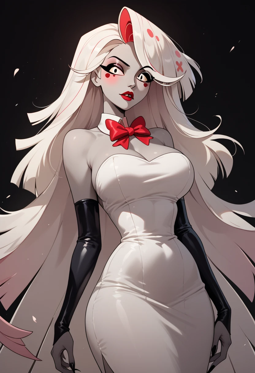ZeroCYPA, (black eyelids:1.4), (stitched cheek on mouth:1.3), makeup, black lips, grey eyes, white hair, long hair, (pale skin:1.1), striped scarf, (black shirt:1.2), sleeveless, (black shorts:1.2), black thighhighs