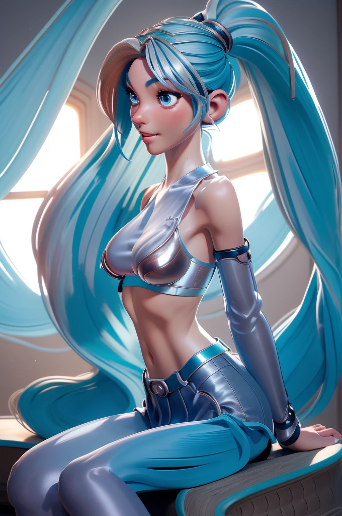 BULMA, whole body, very large and round breasts (neckline) translucent t-shirt, thin waist (very skinny), wide legs, pink leggings, Wide hips, flirt with the viewer, light blue hair light blue eyes, wide, standing next to a tall muscular man, naked torso, tattoos, short leggings (soft) Big bulge in crotch.