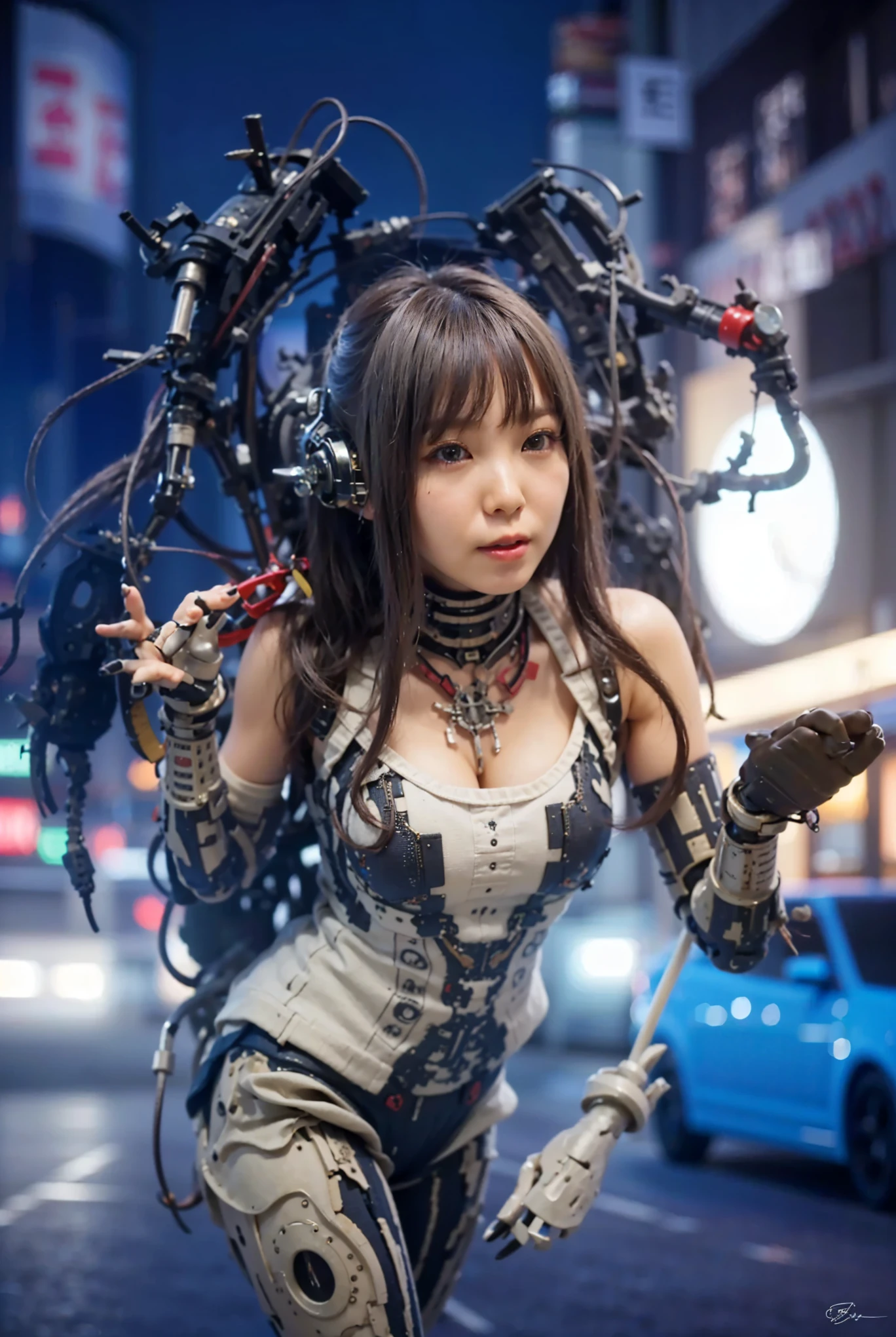 (Completely live action:1.37), (Amazingly realistic textures:1.37), (masterpiece, best quality:1.2), (8k uhd, 16k, 32k, ultra high res), amazingly realistic skin, amazingly realistic photo, superrealism, (photorealistic:1.37), (RAW photo), ultimately realistic, (ultimately realistic all details), (ultimately realistic all textures), super realistic lighting, super realistic shadow, (japanese girl:1.5), (realistic idol face), smiling, happy, super realistic face, ultimately realistic skin, ultimately realistic eyes, (mascara:1.35)ultimately realistic background, ultimately realistic detail up, (kkw-ph1:1.25), (Canon EOS R6, 85mm, 1/200s, f/5.6, ISO 1600), (tattoo), (mechanical armor:1.37), (blue eyes:1.2), (silver hair:1.3), 