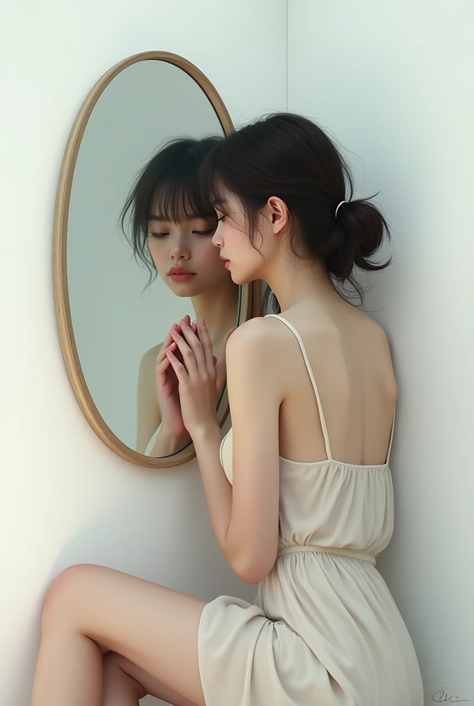 girl with slim body and beautiful face taking daring photos in the mirror