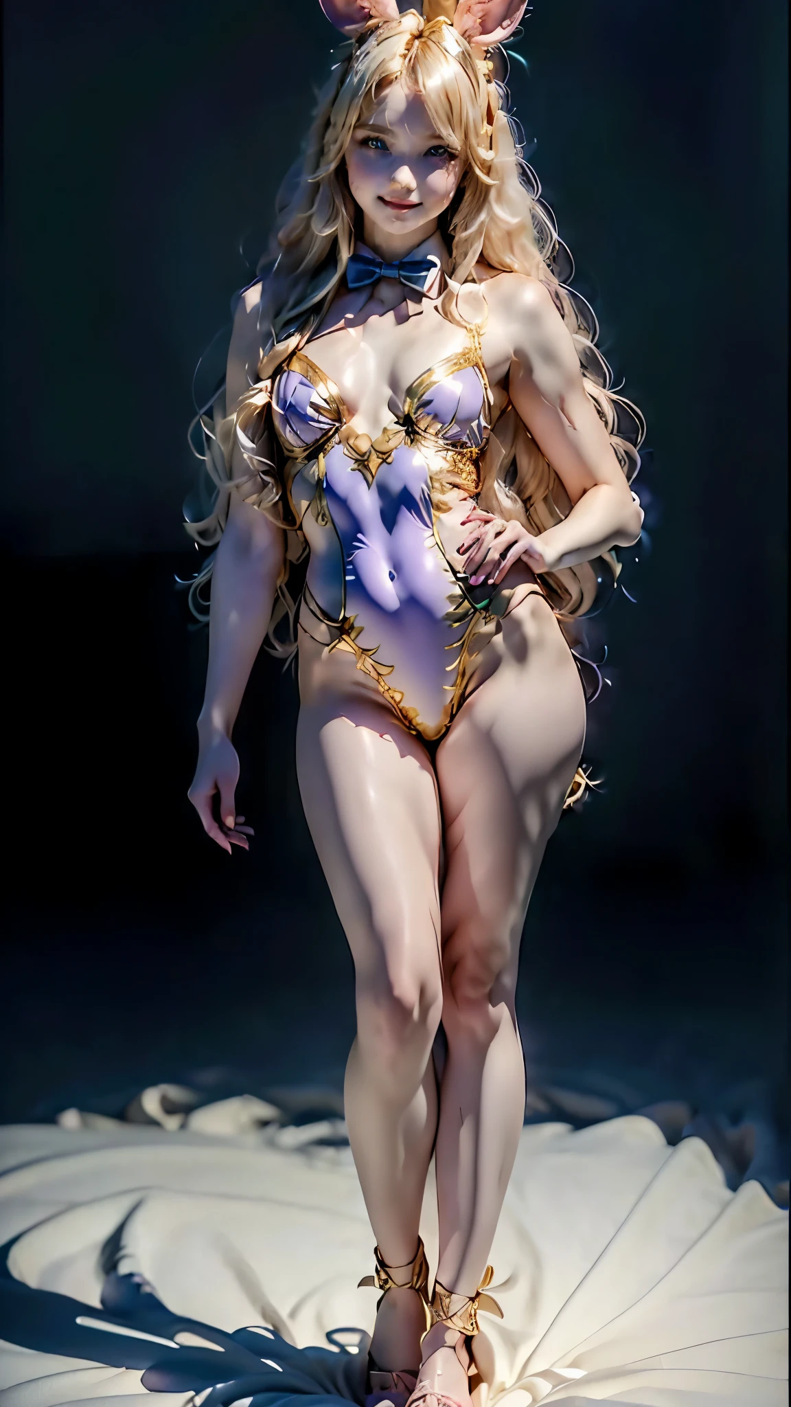   masterpiece  ,  pervasiveness,   extremely detailed CG wallpaper in 8k,(( upper body )) ,(( upper body  head close-up shot of a beautiful )), ,   blonde hair,The air roars ，, (Mckenna Grace), ((flat chest,,thighs,  Autoluminescent skin  )), (pink-purple  ) golden ( Micro Sparkling Bikini  ,  long rabbit ears , ,   bow tie  , No panties, visible genitals), (( Spread your legs )),, (Blush), , (  seductive smile  ), (neve),     pretty face, Arte-Chave, awarded,   intricate details HDR realism  , by (   ruan jia and artgerm e range murata   ),   photorealism, hyperrealism,  ultra realistic gray t-shirt and shorts , dramatic light, , stunning view,   depth of field , 
([ long hair ]:1.8), ( full body costume:1.8), ( upper body  up:0.3), (hyper  realistic :1.4), ( realistic :1.3), ( best quality real textured skin ),  detailed eyes ,  detailed face , Persephone, Persephone, (sfw:1.5) Hyper realistic , LESS saggy breasts, ( small breasts:1.5), (huge legs:1.5), (LESS THIGHS:1.5),   perfect legs  ,   perfect legs  , legs added , legs added  e perfeitas,   shapely legs , thighs torneadas, legs added , thighs lisas. (  erotic pose  :1.5), (  thick eyebrows :1.2), (big purple eyes:1.2), ( ultra detailed eyes :1.4), (  high-resolution eyes  :1.1), (  ultra detailed skin texture  :1.4), ( Beautiful toned body :1.1),  camel toe 