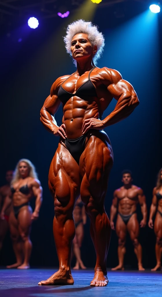 a Brazilian mixed race man in red bikini posing on a stage with his arms up and a smile on his face, a portrait by Byron Galvez, featured on instagram, Baroque, body builder physique, Physicist exagerado, Physicist muscular exagerado, Mr. Universe, big fit ass, long, stark, Physicist |, corpo fitness ifbb, body builder posing, body builder, body builder body, ernest khalimov body