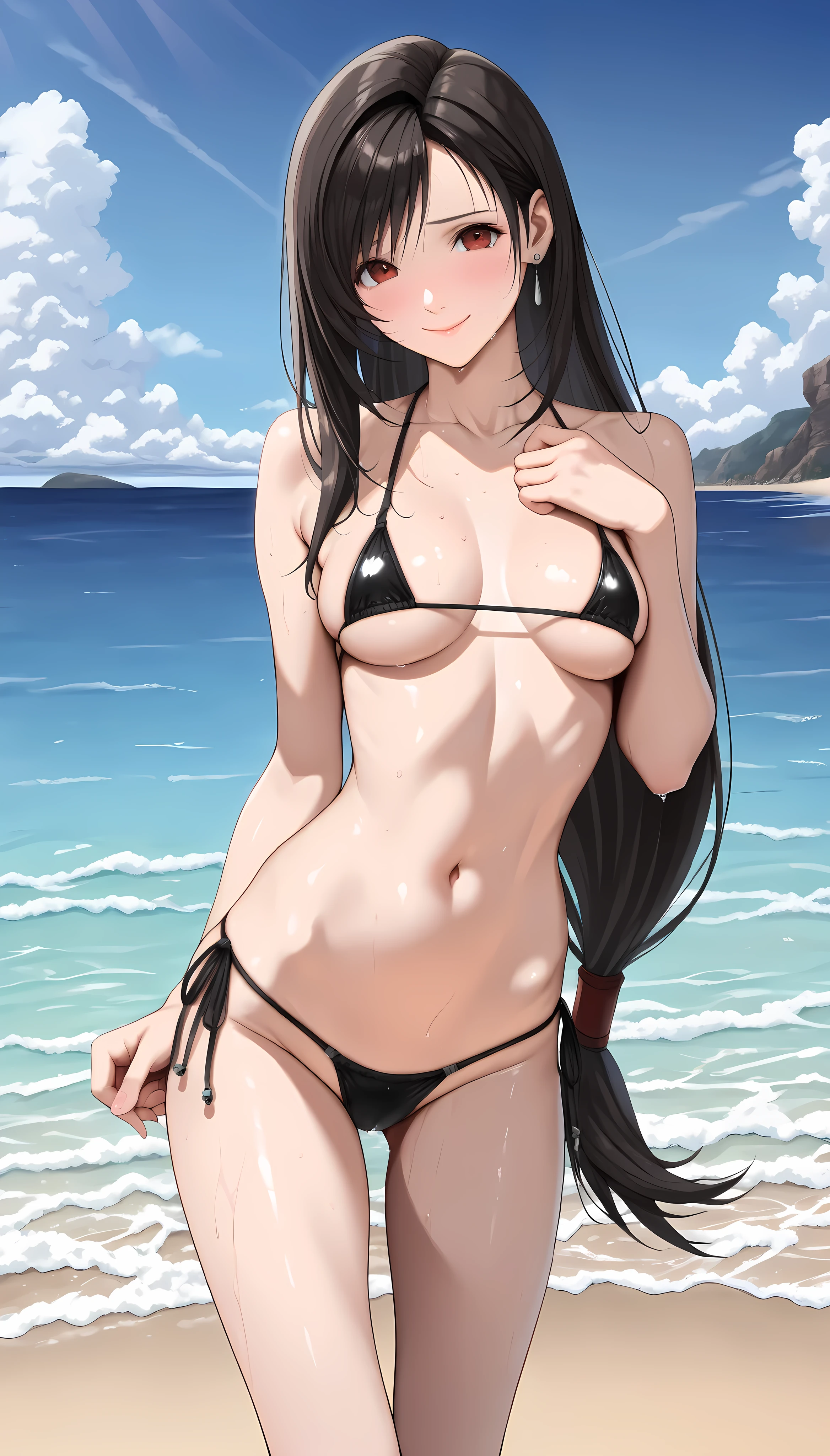 ((((Obra maestra, La mejor calidad, ultrahigh resolution)))), perfect anatomy, 1girl, long hair, black hair , black eyes, Sweating, small breast, navel, cameltoes, beach background, sunset, two arms up,arms behind the back, armpits, exposed armpits, sexy pose, vibrant colors, female, masterpiece, sharp focus, best quality, depth of field, cinematic lighting, (anime screencap:1.4), naked woman sunbathing wearing a straw hat on the beach, 1girl, breasts, nipples, solo, nude, outdoors, hat, beach, ocean, crossed legs, navel, flower, looking at viewer, sky, day, sitting, blue sky, hat flower, hair flower, hair ornament, smile, long hair, water, bangs, parted lips, thighs cloud, sun hat, naked, completely naked 
