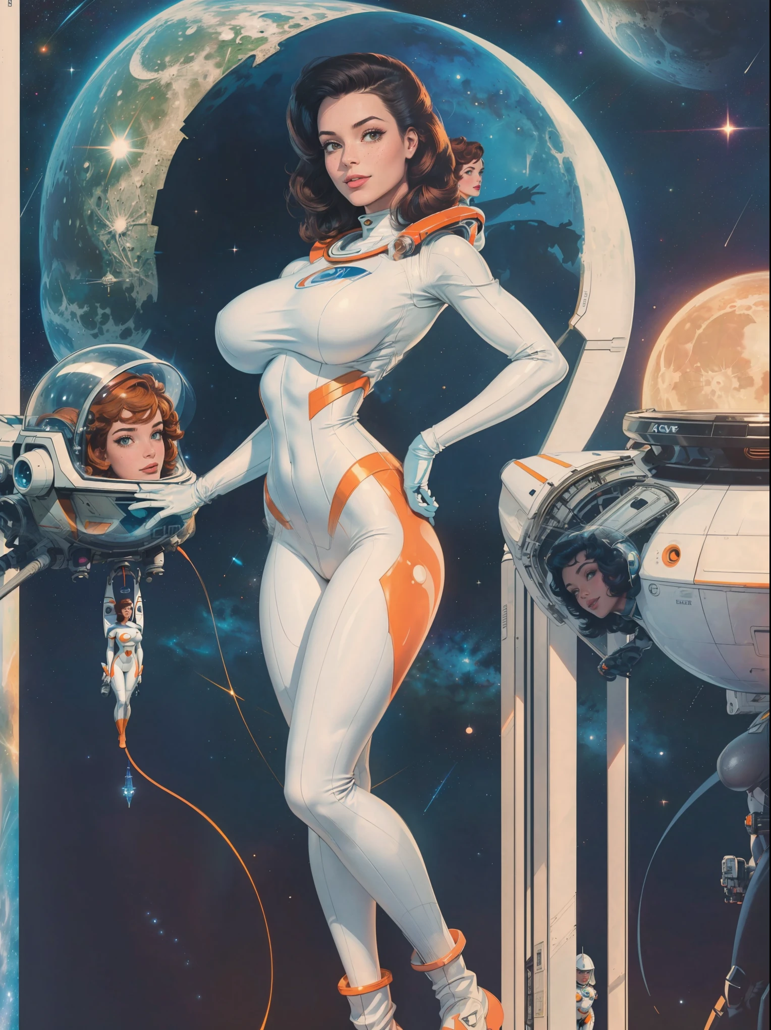 half body portrait of a beautiful female astronaut wearing retro spacesuit looking determinedly into the camera, in her spaceship's cocpit fit body, octane render, highly detailed pinup comic art, Masterpiece, best quality, (realistic), soft lighting cinematic shot, concept art illustration by earle bergey , Virgil Finlay, Alexander Leydenfrost, Peter Elson, Syd Mead, ROBERT MAGUIRE, GIL ELVGREN