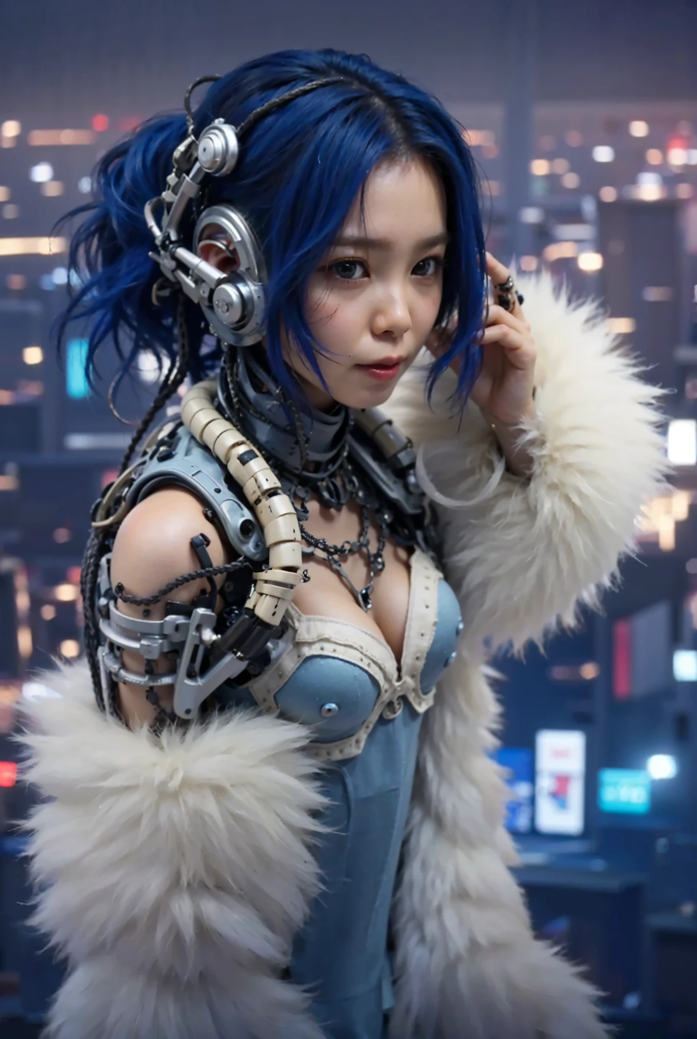 (Completely live action:1.37), (Amazingly realistic textures:1.37), (masterpiece, best quality:1.2), (8k uhd, 16k, 32k, ultra high res), amazingly realistic skin, amazingly realistic photo, superrealism, (photorealistic:1.37), (RAW photo), ultimately realistic, (ultimately realistic all details), (ultimately realistic all textures), super realistic lighting, super realistic shadow, (japanese girl:1.5), (realistic idol face), smiling, happy, super realistic face, ultimately realistic skin, ultimately realistic eyes, (mascara:1.35)ultimately realistic background, ultimately realistic detail up, (kkw-ph1:1.25), (Canon EOS R6, 85mm, 1/200s, f/5.6, ISO 1600), (tattoo), (mechanical armor:1.37), (blue eyes:1.2), (silver hair:1.3),