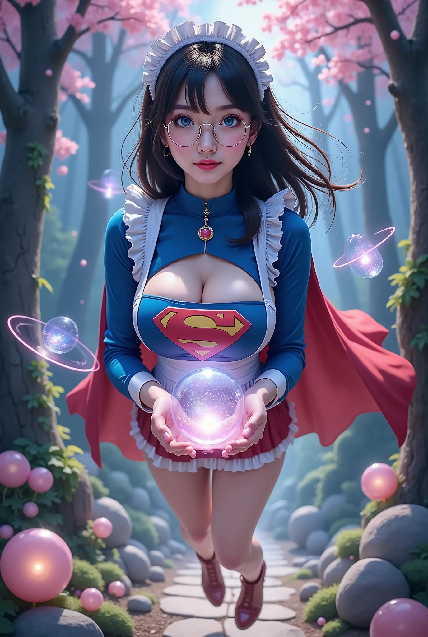 SELFIE, LEVITATING. BLUE EYES. MAID WEARING A BLUE SUPERGIRL COSTUME WITH A RED "S" EMBLEM, RED BOOTS AND RED CAPE., JAPANESE TEEN FEMALE, dark BLACK hair, light skin, shiny glasses lenses, mouth closed and SEXY expression, with her hands holding a BIG glowing orb while MULTIPLE SWIRLING glowing spheres orbit around her. ARCANE FORREST BACKGROUND. CRYSTAL CLEAR 4K IMAGE. 4K SKIN TEXTURES.PHOTO REALISM, PROFESSIONANL PHOTO. ULTRA HIGH RES. POPPING WITH 3D COLORS AND TEXTURES. 3D EFFECTS