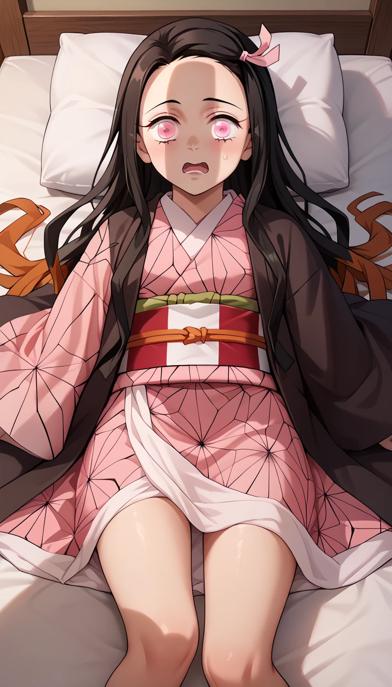 Nezuko, wearing kimono clothes, not wearing panties, big buttock and thigh , screams in pain, sit on the bed and legs wide open, her pussy is covered in sperm