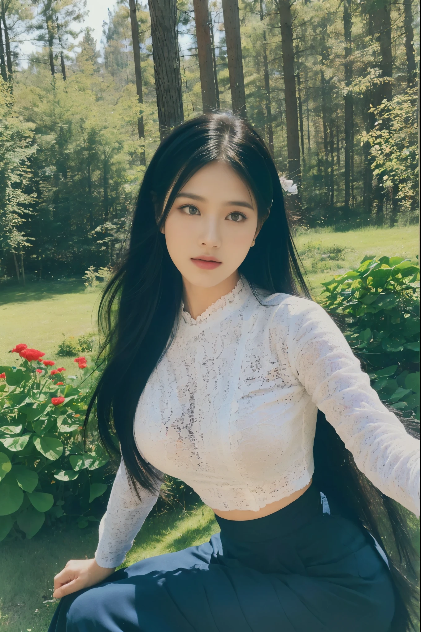 ((Best Quality, 8k, Masterpiece:1.3))), Crisp Focus: 1.2, (Beautiful Woman with Perfect Figure: 1.4) , multiple girls))),((((6girls))))、((6 girls))、The same face、matching uniform、(acmm ls outfit, lace acmm top, wearing acmm long skirt, blue color acmm long skirt, printed skirt,)、Long black hair、((((Gigantic Breasts)))Raw photo、same person、Doppelganger、(group portraits), standing,ass focus ,front view,In the floral plants forest background ,film effect 、best position,best composition, perspective view, ultra wide view,(best quality,4K,8K,highres,masterpiece:1.2),ultra-detailed,(realistic,photorealistic,photo-realistic:1.37),HDR,studio lighting,sharp focus,