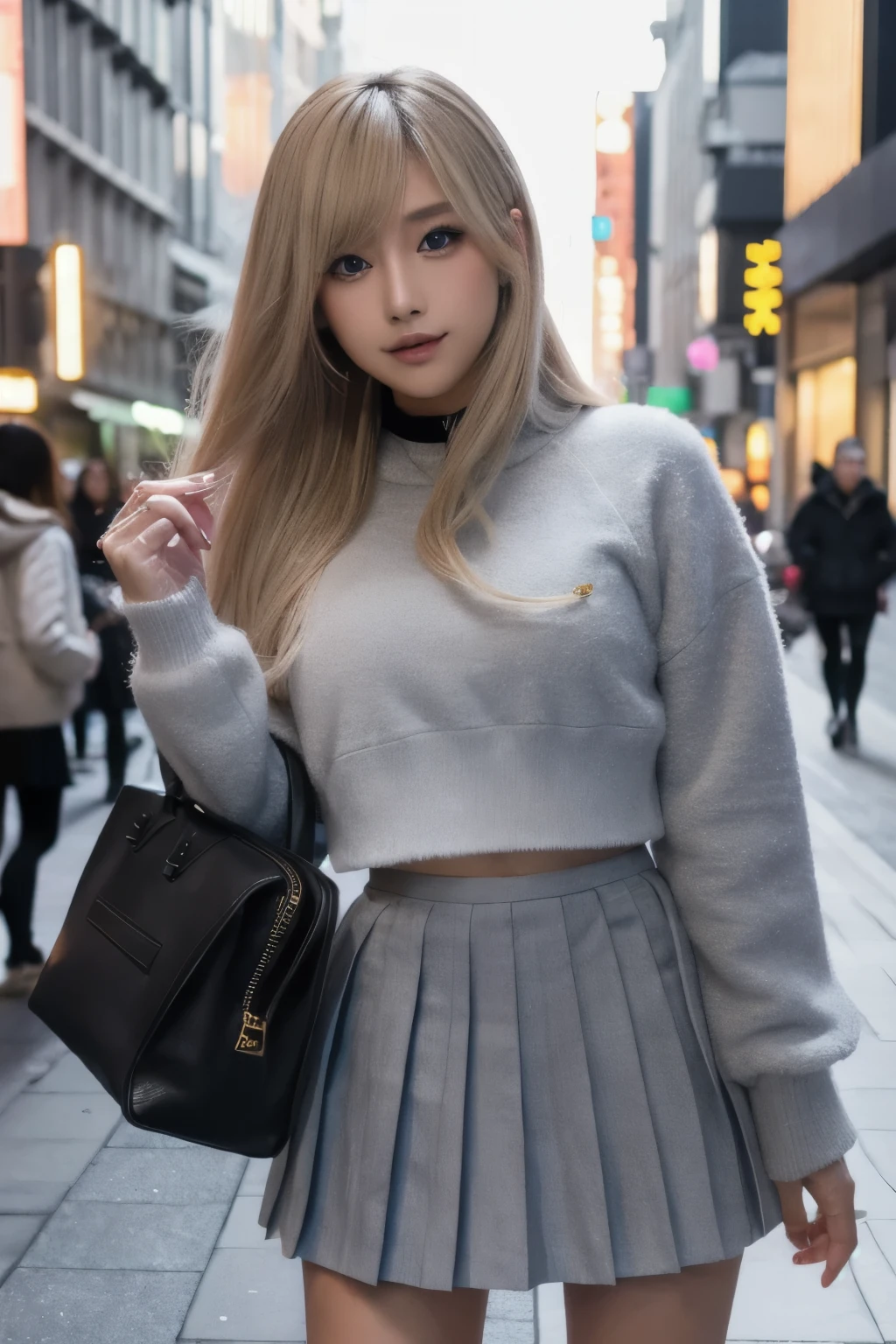 masterpiece,best quality, ultra highres,8k,16k,delicate photography, sharp line, sharp focus, (perfect anatomy:1.5), RAW photo, resolution,realistic,ultra detailed,sharp focus,RAW photo,白,蒼,黒,UHD,
BREAK,
Beautiful and cute 20-year-old 3 Japanese women, blonde hair, gal makeup, color contacts, long eyelashes, BREAK,
(White shot cropped Fleece jacket:1.3),walking in a crowded city, (gray pleated mini skirt:1.3),cute, black knee-high socks, short boots,
BREAK,
stylish, fashion, city street,They are walking and having a pleasant conversation,